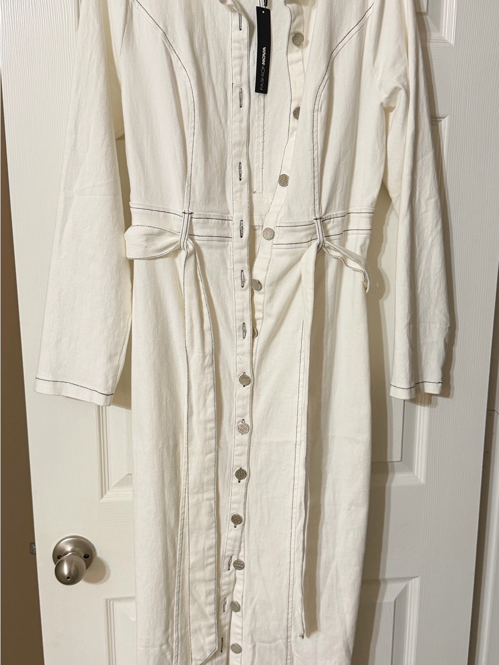Fashion Nova Cream Long Sleeve Button-Front Midi Dress with Waist Ties